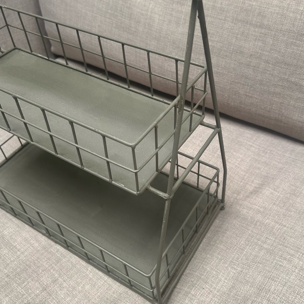Two-Tier Metal Organizer Etagere Wooden Handle Accents Rustic Industrial#0725258 - Picture 13 of 16